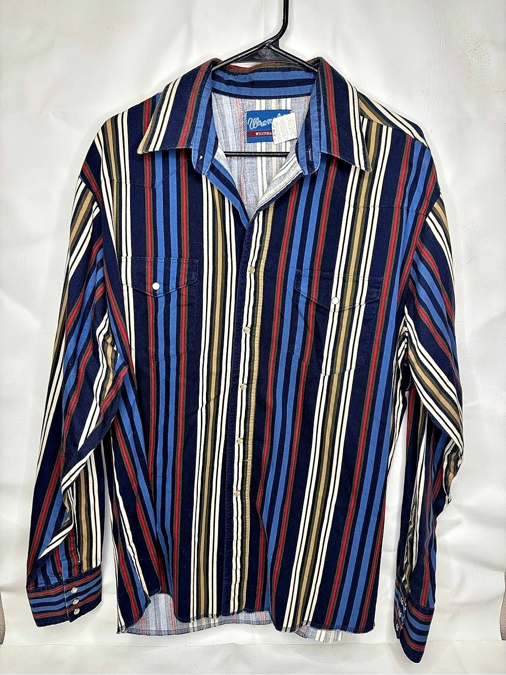 Wrangler Western Shirt Multi Stripe Pearl Snap Blue & Red XL